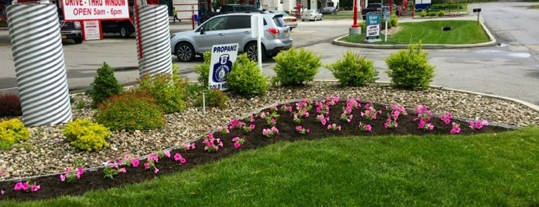 Mulched beds with shrubs and pink flowers at a commercial entrance